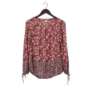 Lucky Brand Women's Red Multi Print Long Sleeve Peasant Blouse Sz M Button Front